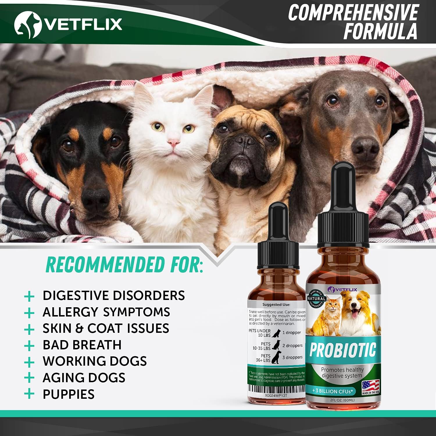 Probióticos Líquidos Premium para Perros, Gatos, Cachorros y Gatitos, 60 ml - Vetflix