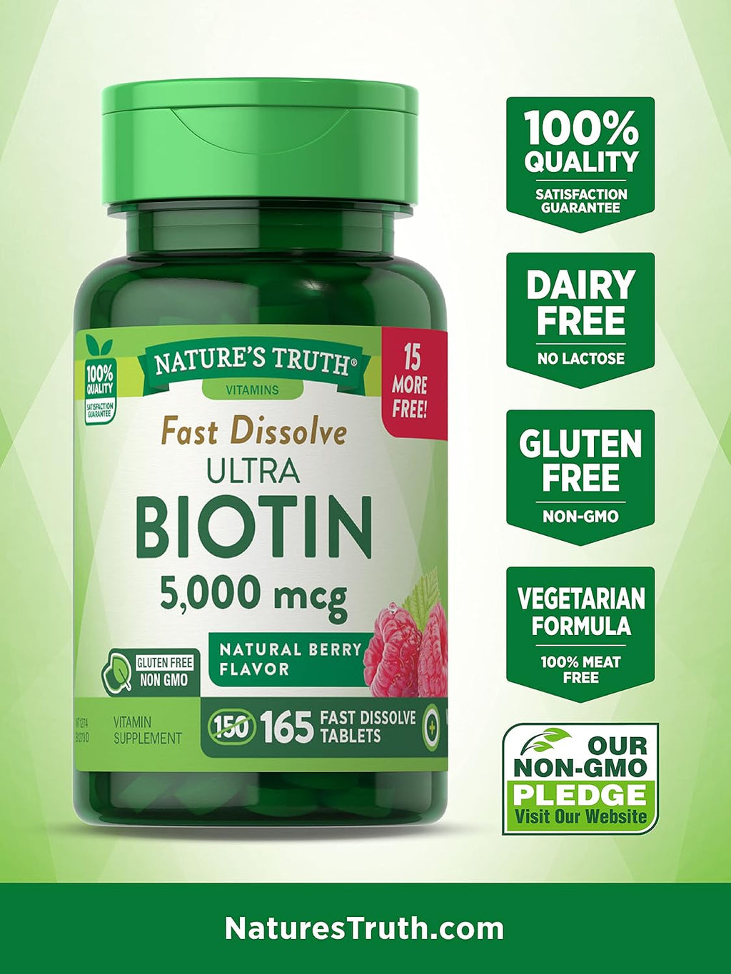 Nature's Truth Ultra Biotin 5000mcg - 165 Comprimidos de Disolución Rápida Sabor Berry