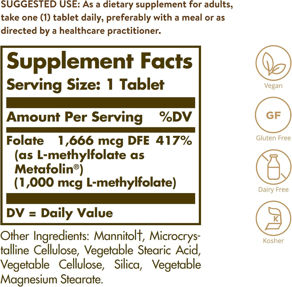 Solgar Folato 1000 mcg, 120 Comprimidos - Metafolín Bioactivo - Vegano, Sin Gluten, Sin Lácteos, Kosher