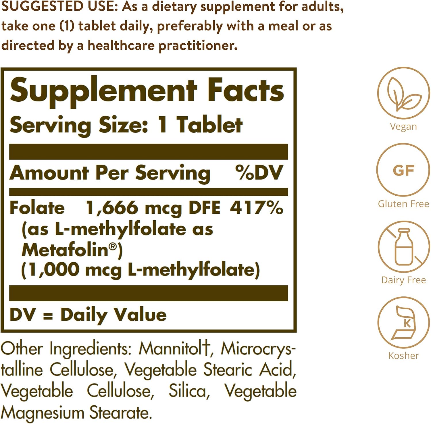 Solgar Folato 1000 mcg, 120 Comprimidos - Metafolín Bioactivo - Vegano, Sin Gluten, Sin Lácteos, Kosher