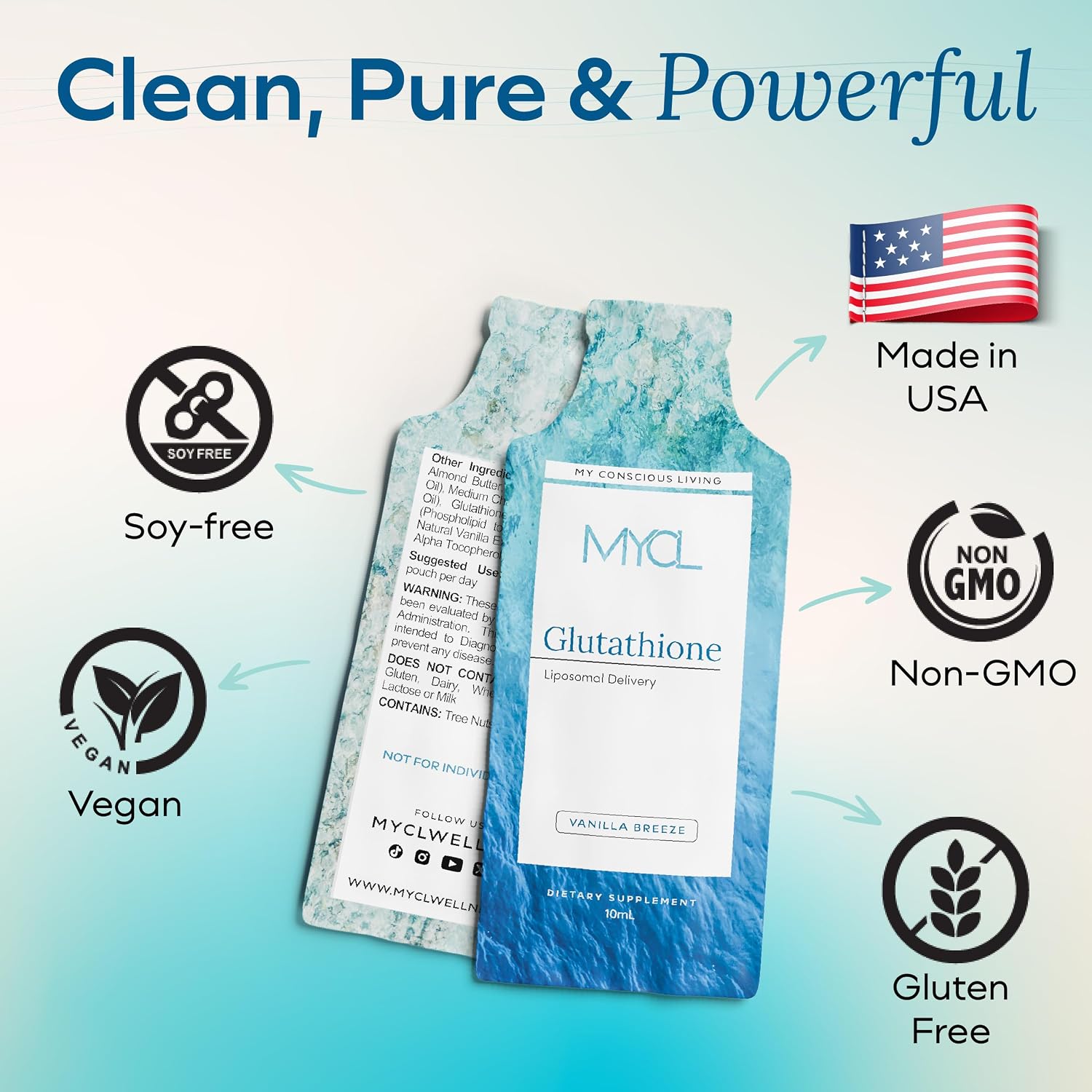 MYCL Glutatión Liposomal con Vitamina E y Aceite MCT - Salud de Piel, Cabello y Uñas - Alta Absorción - Sabor Vainilla Almendra - 30 Sobres Monodosis