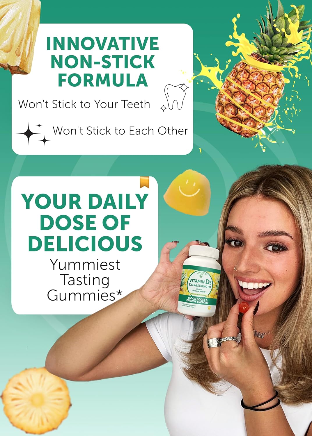 Lunakai Vitamina D3 Gomitas 2000 UI - No-GMO, Sin Gluten, Sabor Piña - 60 Unidades