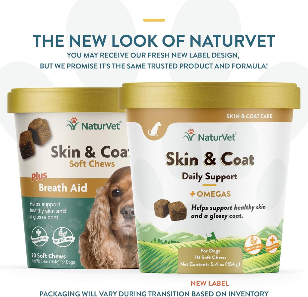 NaturVet Piel y Pelaje Más Ayuda para el Aliento para Perros, 70 Masticables Suaves