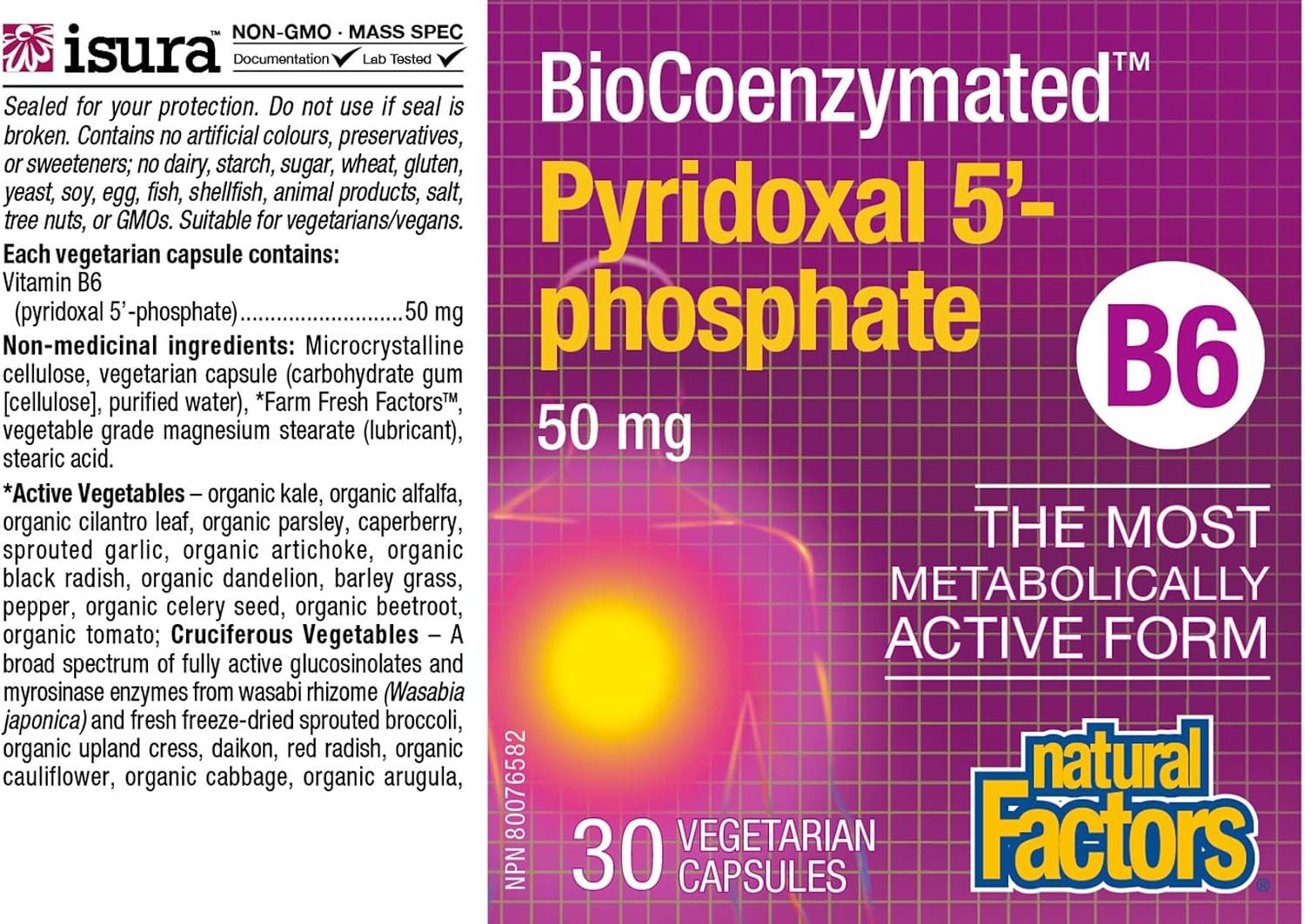 Natural Factors BioCoenzymated Piridoxal 5'-Fosfato 50 mg, 30 Cápsulas Veganas