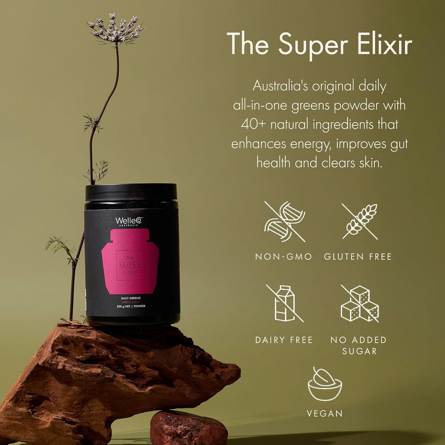 WelleCo The Super Elixir Daily Greens Powder – Mezcla de frutos rojos (300g)