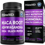 PrimeMD 6 en 1 Maca orgánica, Ashwagandha y DHEA en cápsulas 1710 mg con extracto de pimienta negra - Suplemento de maca negra para hombres y mujeres, 120 cápsulas (Pack de 3)