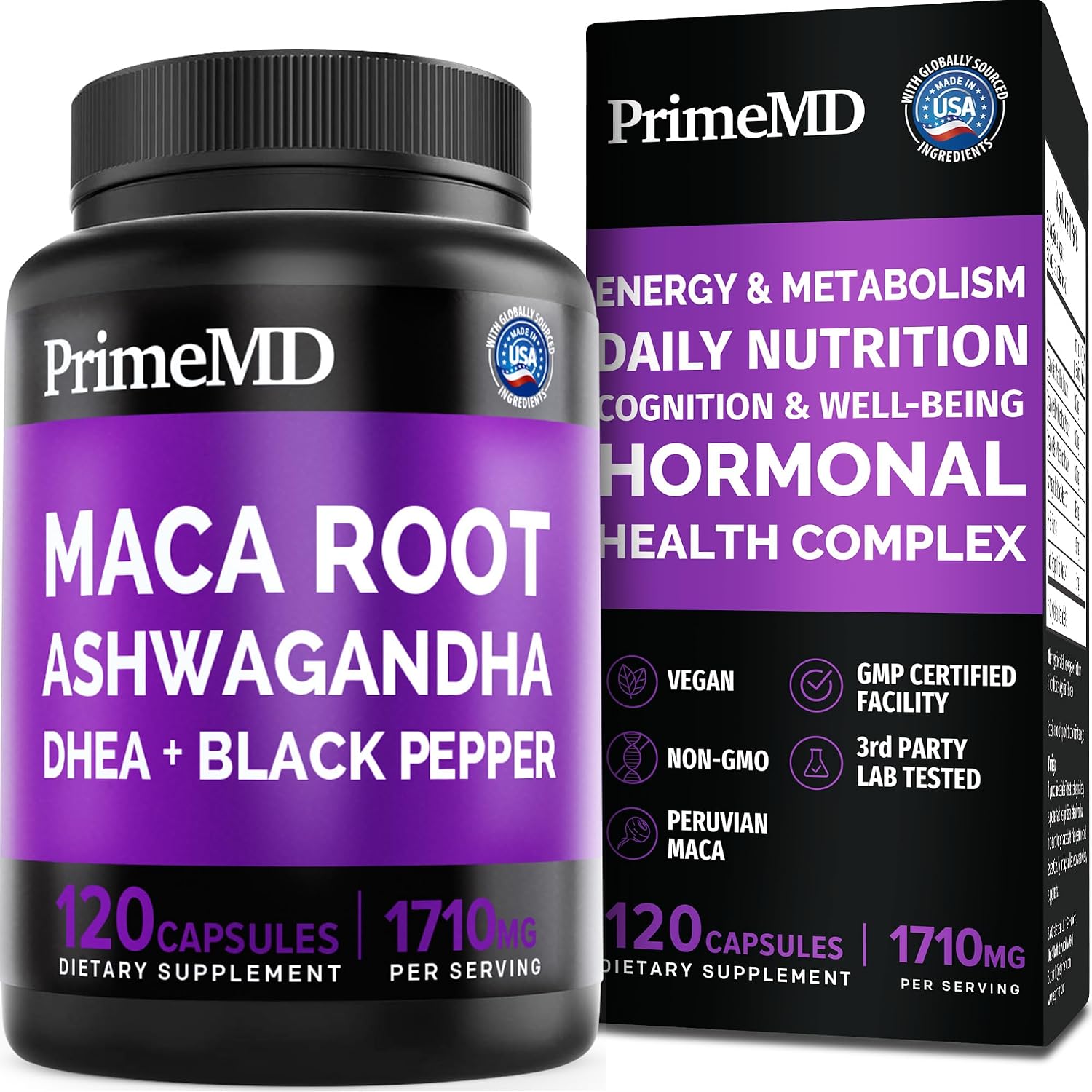 PrimeMD 6 en 1 Maca orgánica, Ashwagandha y DHEA en cápsulas 1710 mg con extracto de pimienta negra - Suplemento de maca negra para hombres y mujeres, 120 cápsulas (Pack de 3)