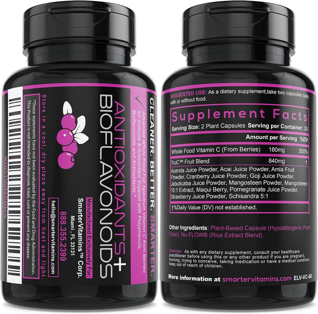 SmarterVitamins (Paquete de 3) Vitamina C Natural de Alimentos Integrales con Bayas, Apoyo Inmunológico, Antioxidantes, Bioflavonoides y Polifenoles, 180 Cápsulas Veganas