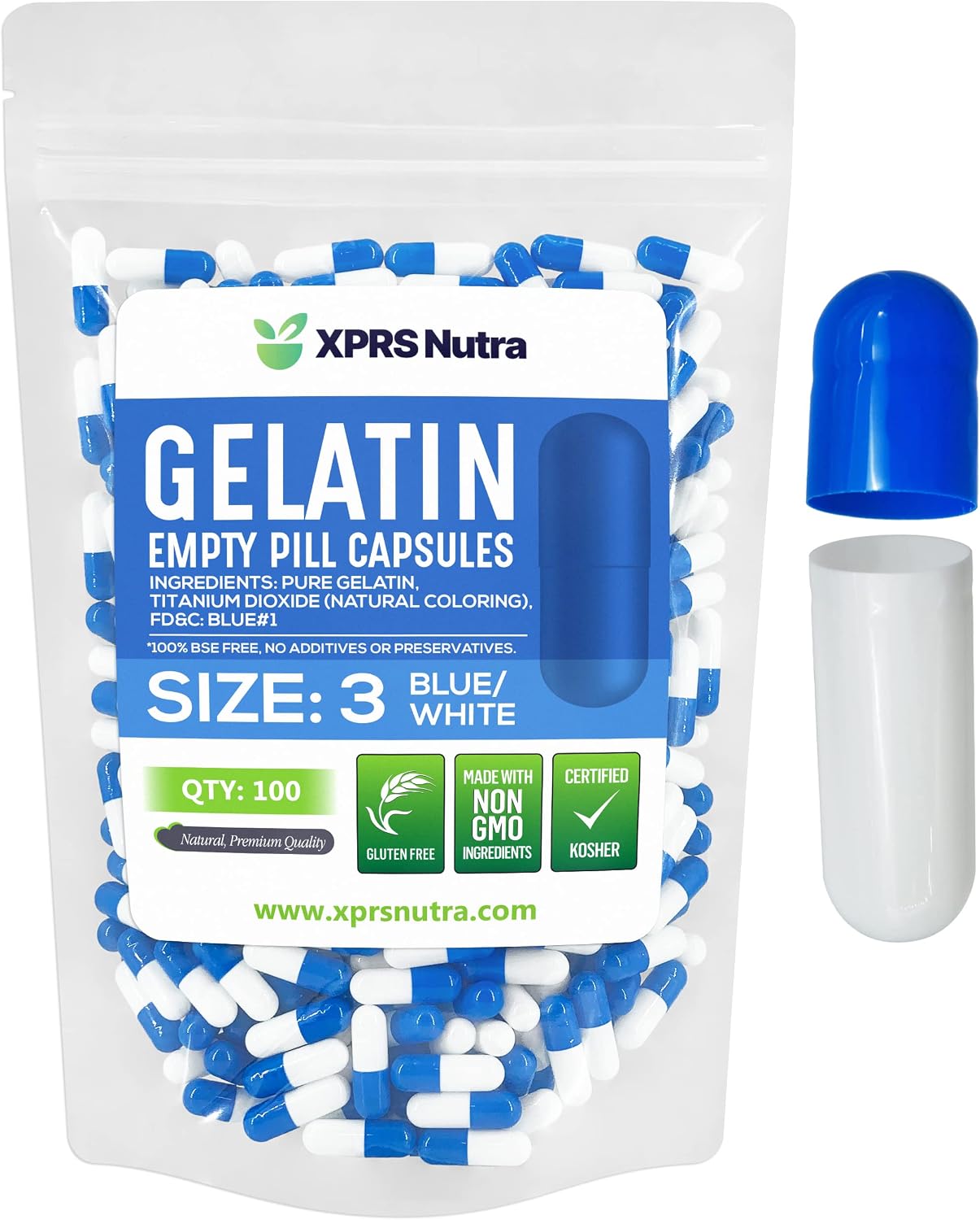 XPRS Nutra Cápsulas Vacías Tamaño 3 - 100 uds Cápsulas de Gelatina Pura Bovina para Rellenar Suplementos (Azul/Blanco)