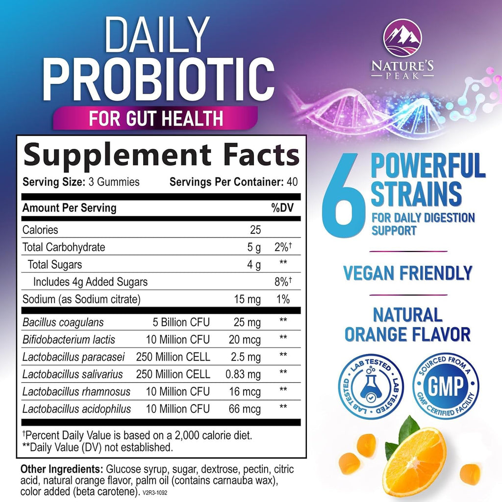 Nature's Peak Gomitas Probióticas – 6 Cepas, 5 mil millones UFC – Apoyo Digestivo e Inmune – 120 Gomitas