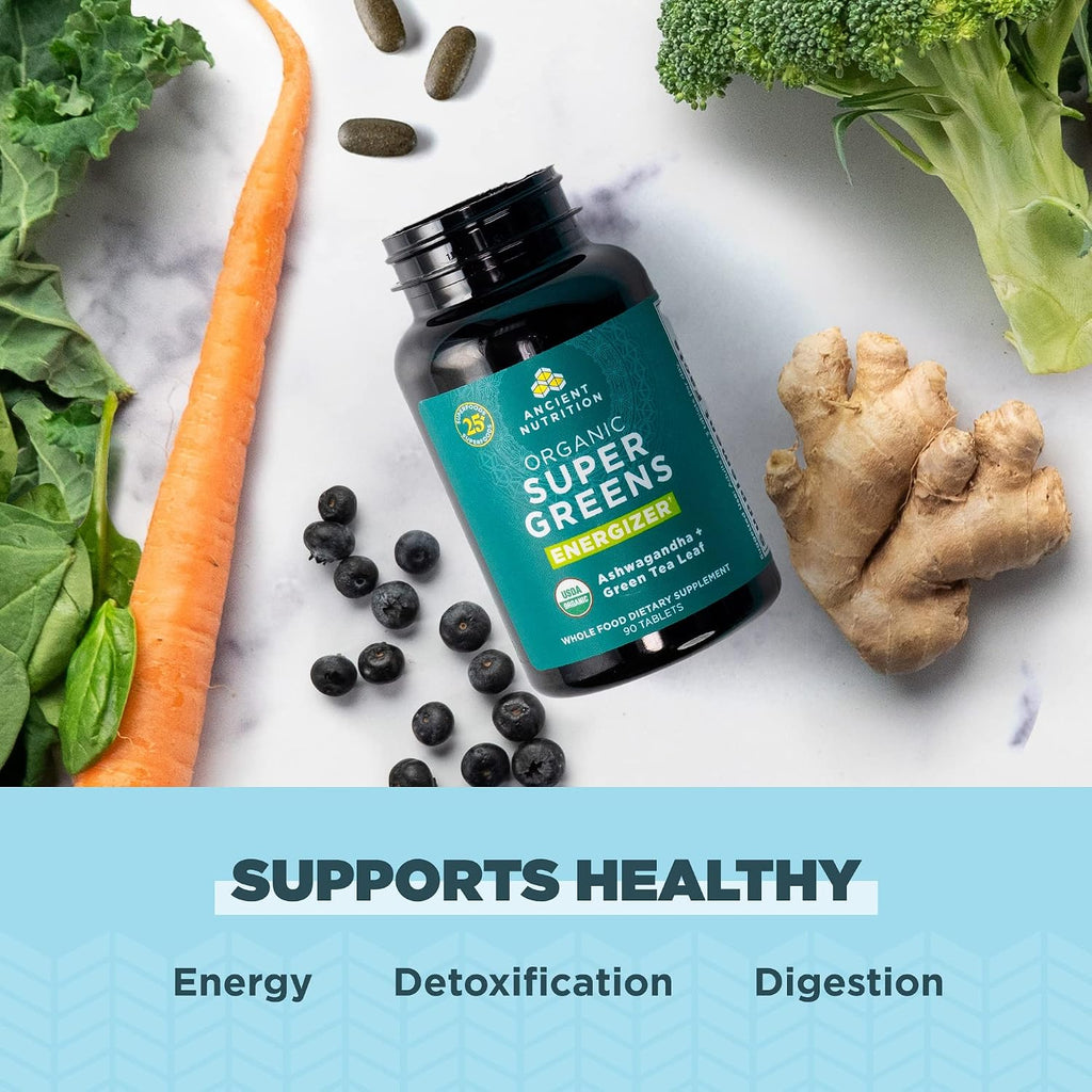 Ancient Nutrition Supergreens Energizer, Comprimidos Orgánicos con Cafeína, 90 uds