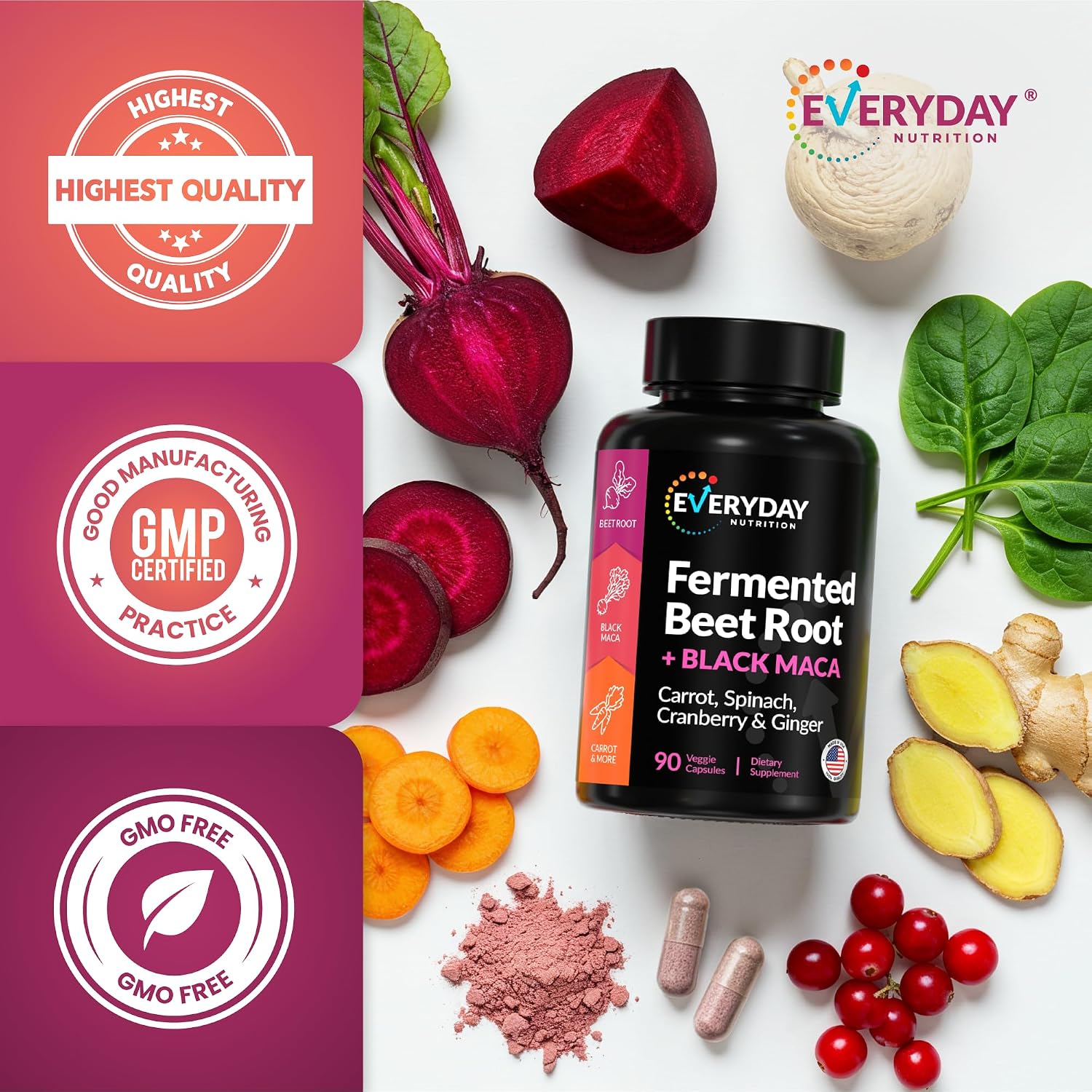 Cápsulas Orgánicas de Remolacha Fermentada y Maca Negra con Zanahoria, Espinaca, Arándano Rojo y Jengibre | Superalimento para Energía, Vitalidad y Bienestar | 90 Cápsulas Vegetales | Hecho en EE.UU.