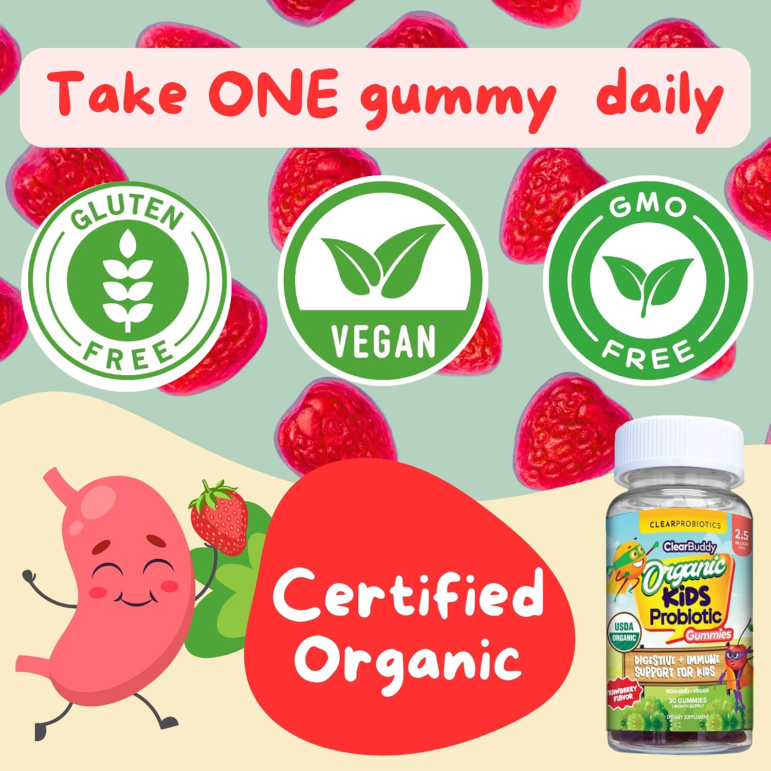 Clear Buddy Probióticos para Niños de 2 a 6 Años – Gominolas Orgánicas USDA con DE111 (2.5B UFC) – Apoyo Inmunitario y Digestivo – Sabor Fresa – 30 Días
