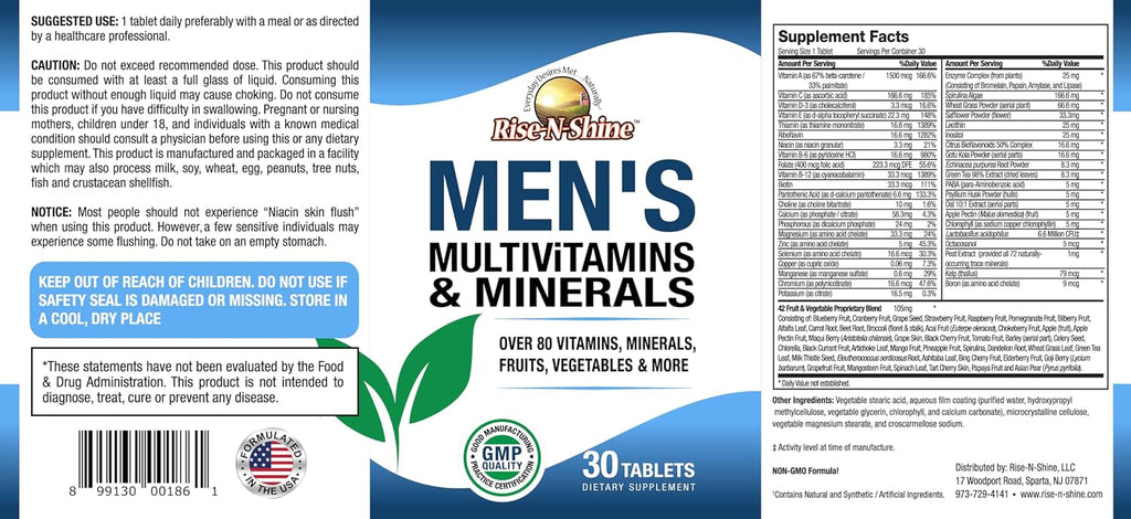 Rise-N-Shine Multivitamínico para Hombres con Zinc, Selenio, Calcio, Magnesio y más - 30 Comprimidos