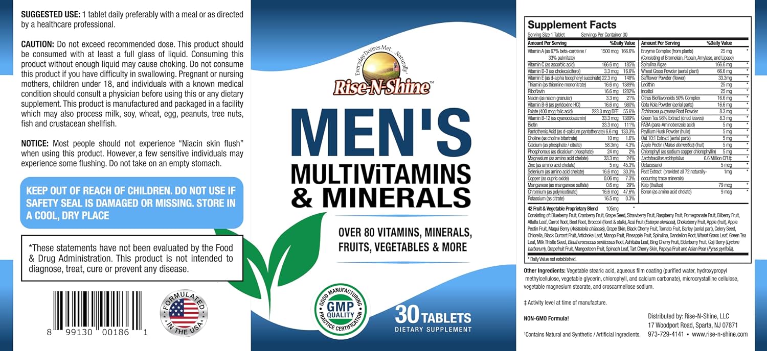 Rise-N-Shine Multivitamínico para Hombres con Zinc, Selenio, Calcio, Magnesio y más - 30 Comprimidos