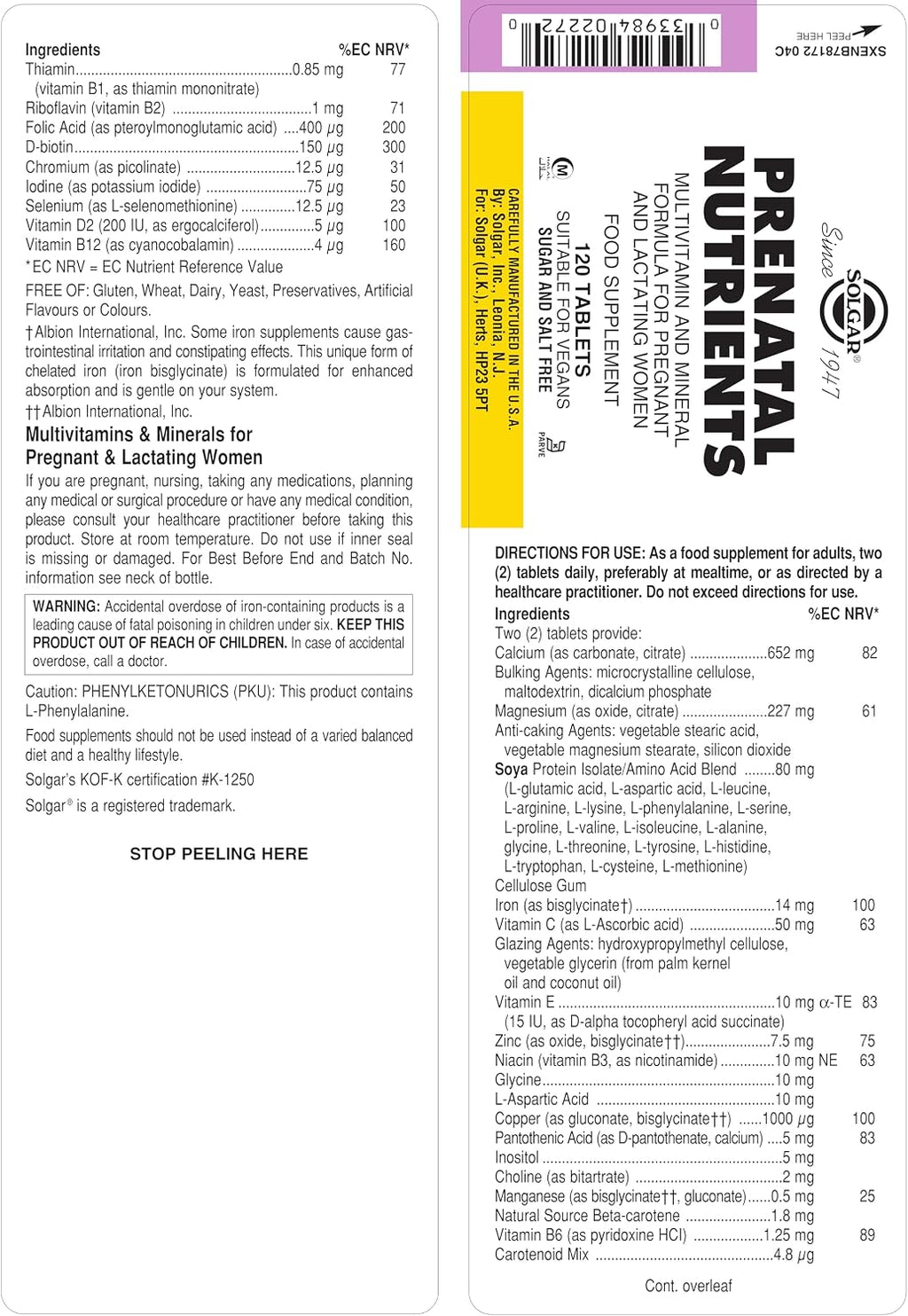Solgar Nutrientes Prenatales, 120 comprimidos