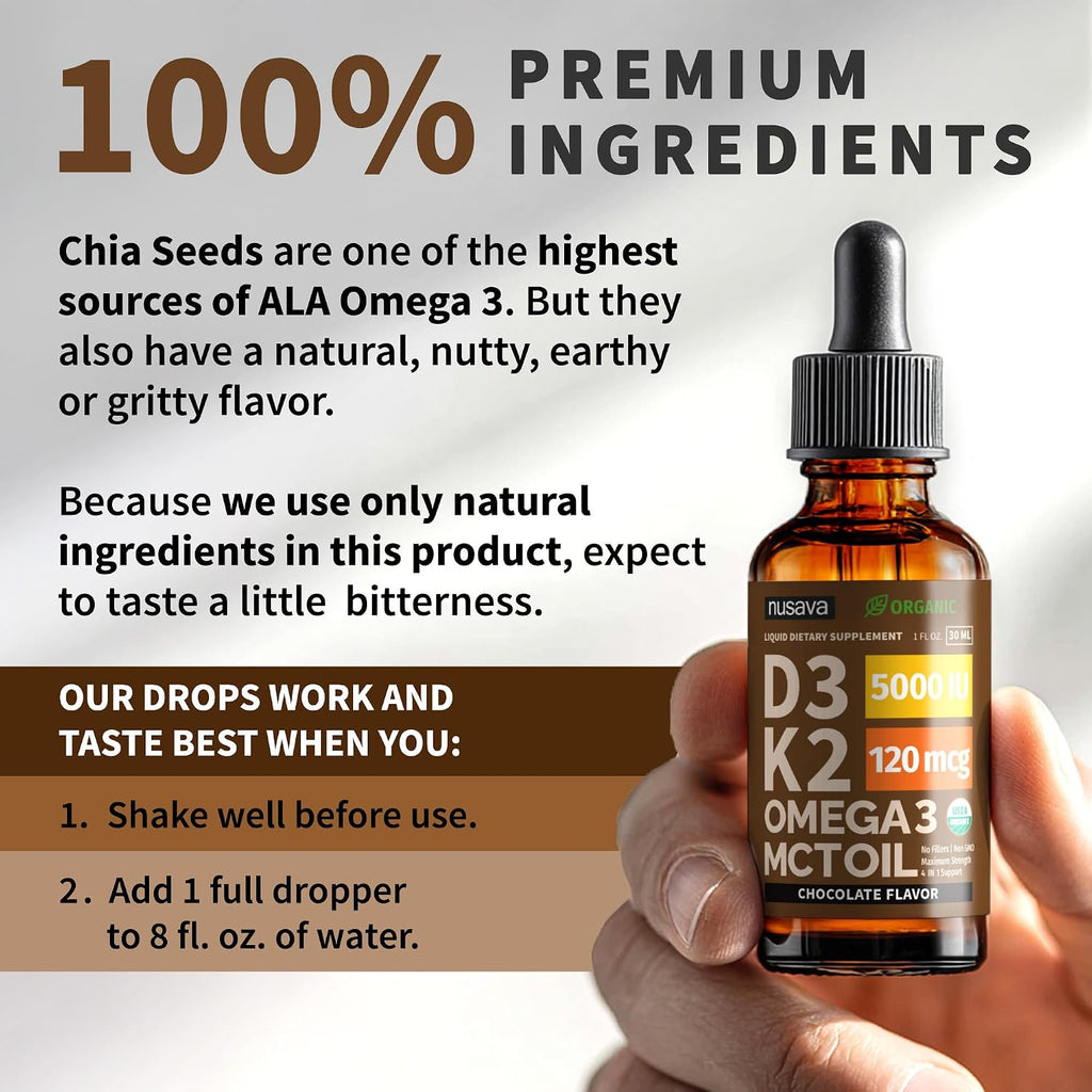 NUSAVA Organic Vitamin D3 K2 Drops with MCT Oil & Omega 3 - 5000 IU, Chocolate, 2 Pack, 2 Fl Oz