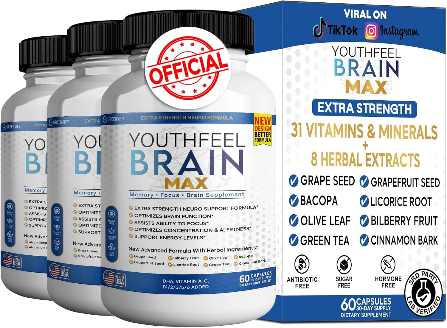 Youthfeel Brain Max Memory Support - Fórmula Neuro Extra Fuerte, 60 Cápsulas
