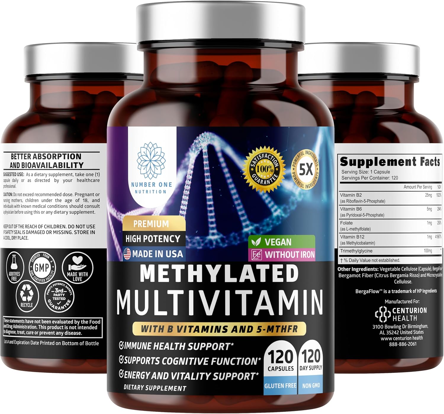 Number One Nutrition Multivitamínico Metilado para Mujeres y Hombres, Complejo B Activo con Metilfolato y Metilcobalamina, Sin Hierro, No Transgénico, Sin Gluten, 120 Cápsulas