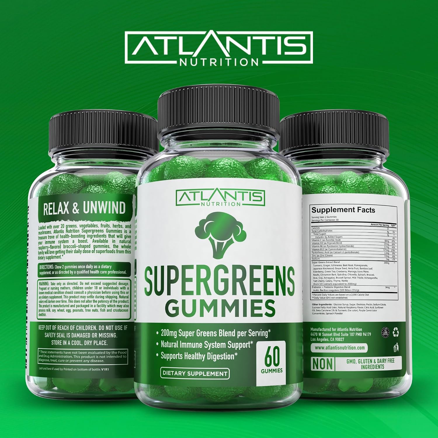 Supergreens Gummies - Complemento Diario de Superalimentos Verdes con Espinacas, Brócoli, Moringa, Remolacha, Apio, Té Verde y Acai - Sabor Frambuesa Natural, 60 Gominolas