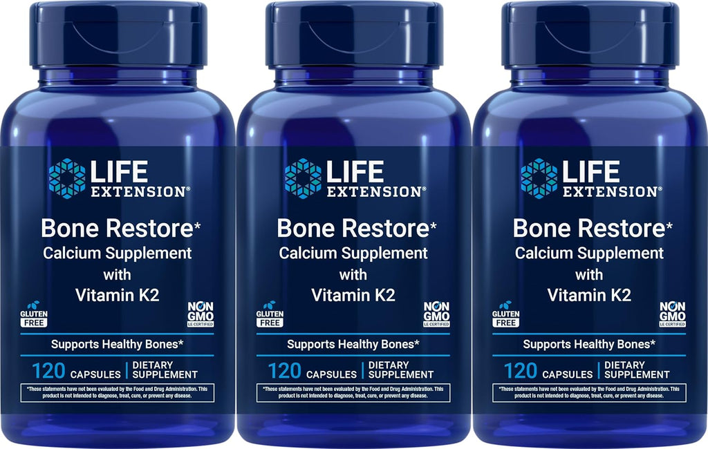 Life Extension Bone Restore Calcium with Vitamin K2, 120 cápsulas (Paquete de 3)