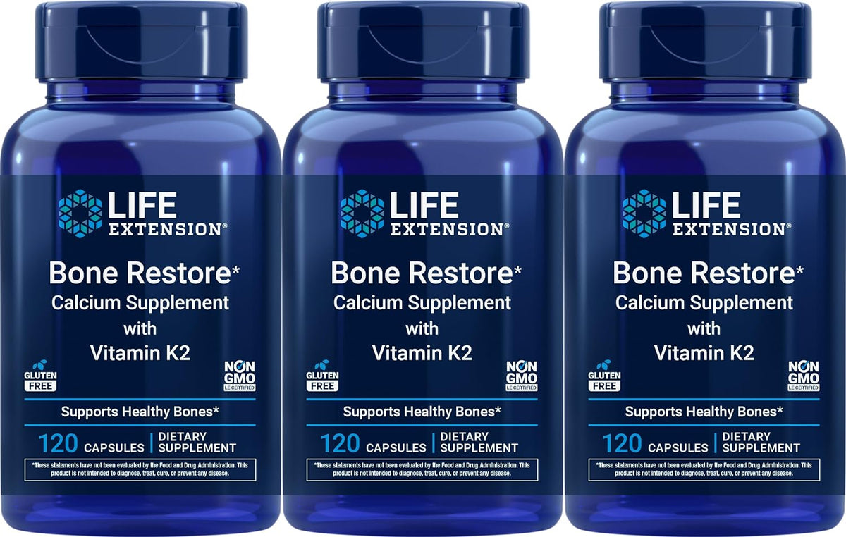 Life Extension Bone Restore Calcio con Vitamina K2, 120 cápsulas (Pack de 3) – Image 1