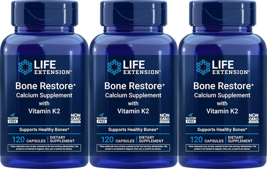 Life Extension Bone Restore Calcium with Vitamin K2, 120 cápsulas (Paquete de 3)