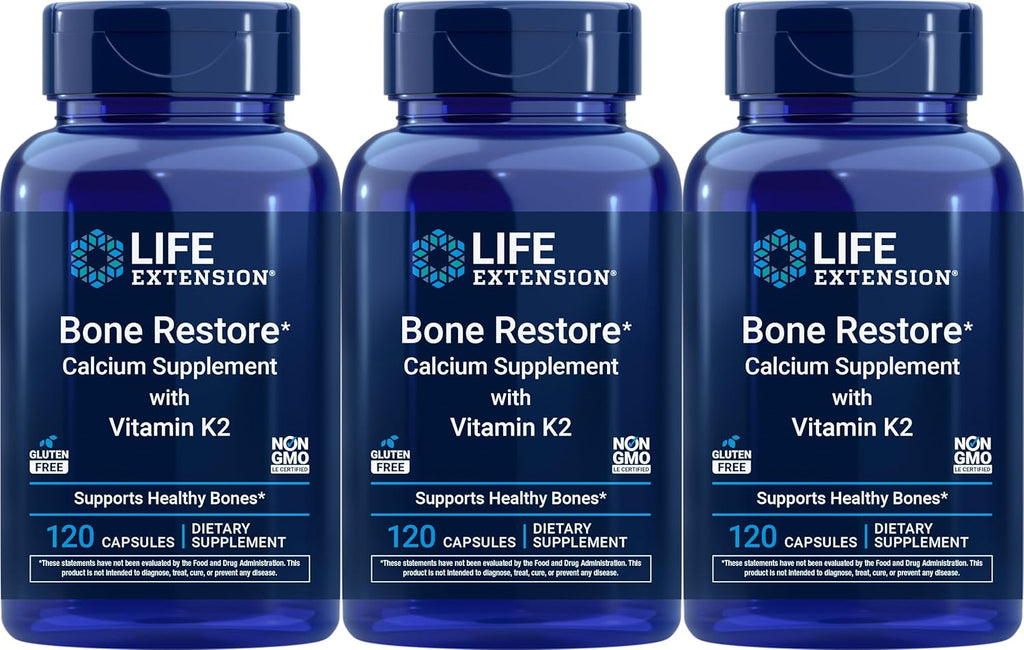 Life Extension Bone Restore Suplemento de Calcio con Vitamina K2, 120 Cápsulas (Paquete de 3)
