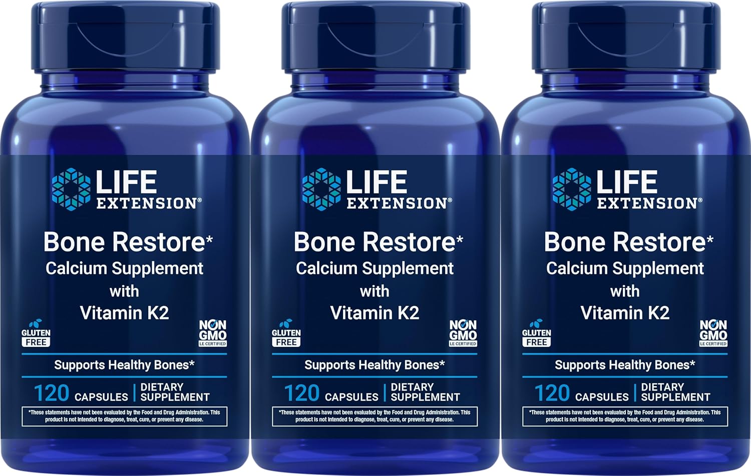 Life Extension Bone Restore Suplemento de Calcio con Vitamina K2, 120 Cápsulas (Paquete de 3)