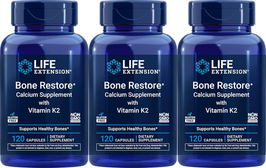 Life Extension Bone Restore Suplemento de Calcio con Vitamina K2, 120 Cápsulas (Paquete de 3)
