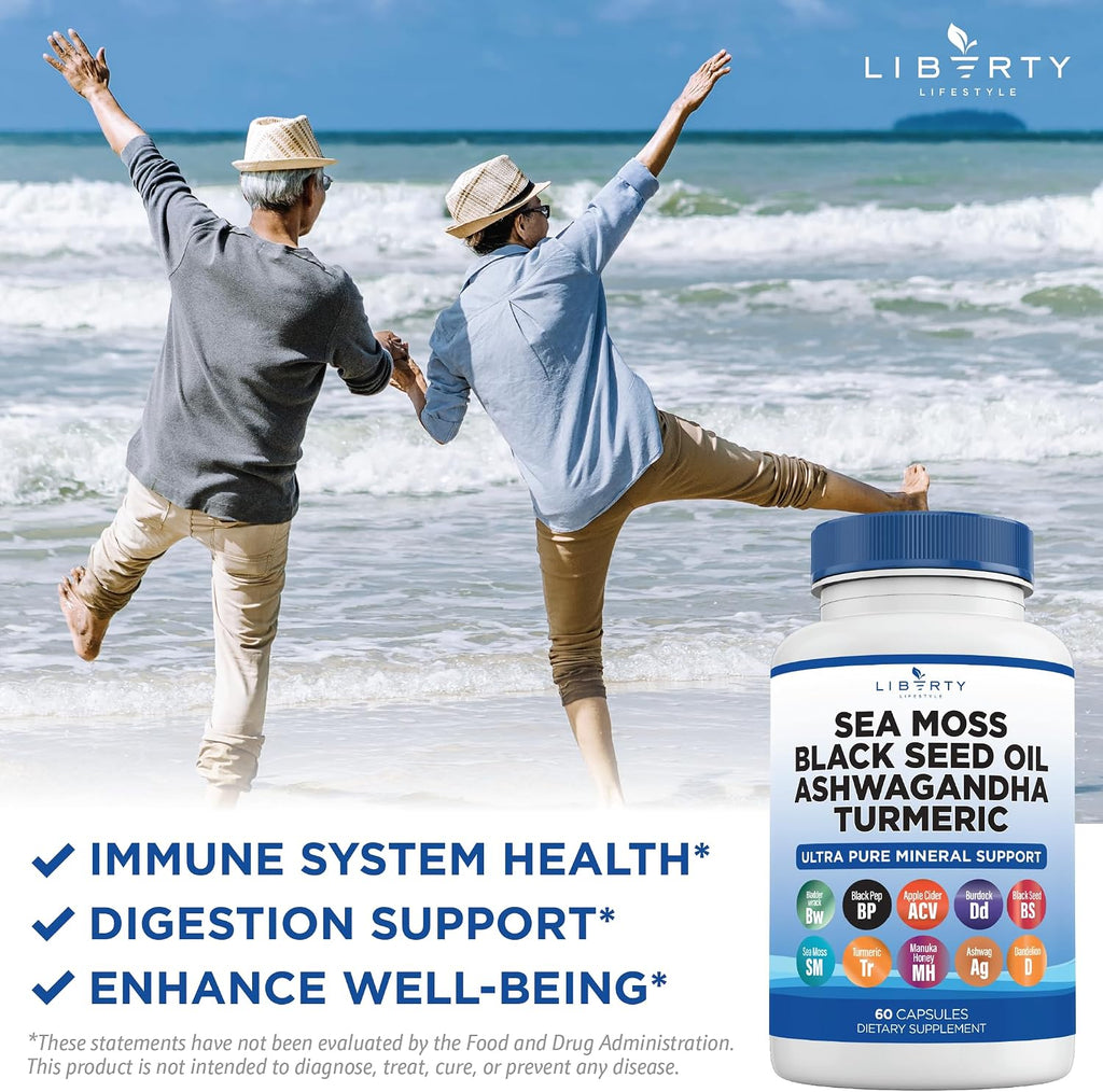 Liberty Lifestyle Sea Moss Black Seed Oil Ashwagandha Turmeric Bladderwrack Burdock - con Manuka, Honey Dandelion, ACV Black Pepper Gluten Free - 1-Pack