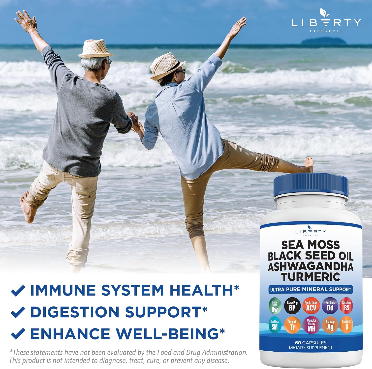 Liberty Lifestyle Sea Moss Black Seed Oil Ashwagandha Turmeric Bladderwrack Burdock - con Manuka, Honey Dandelion, ACV Black Pepper Gluten Free - 1-Pack