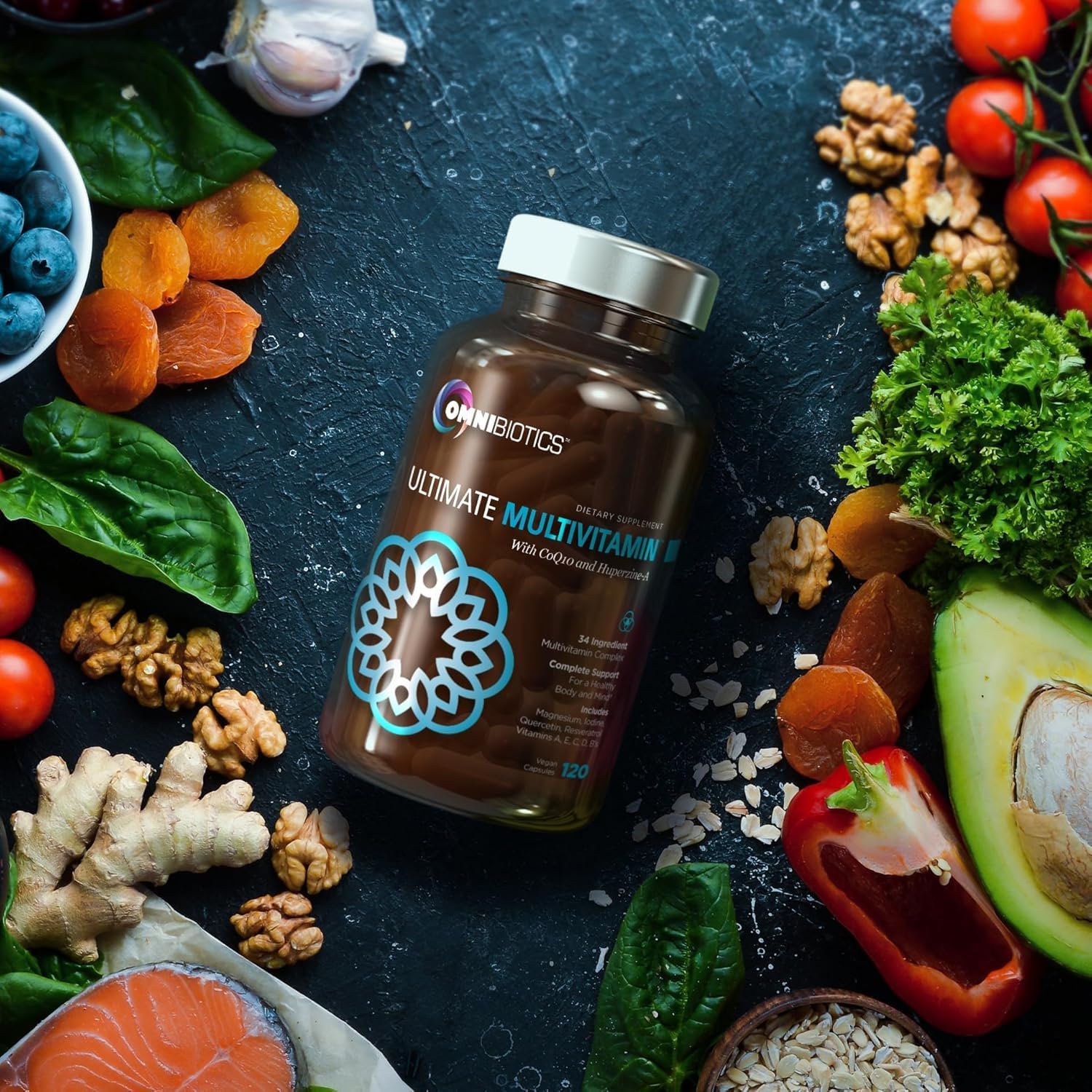 OmniBiotics Multivitamínico Diario Definitivo para Mujeres y Hombres – 34 Ingredientes Esenciales Incluyendo Vitaminas A, C, D, E, B6, B12, Biotina, Zinc – 120 Cápsulas Veganas