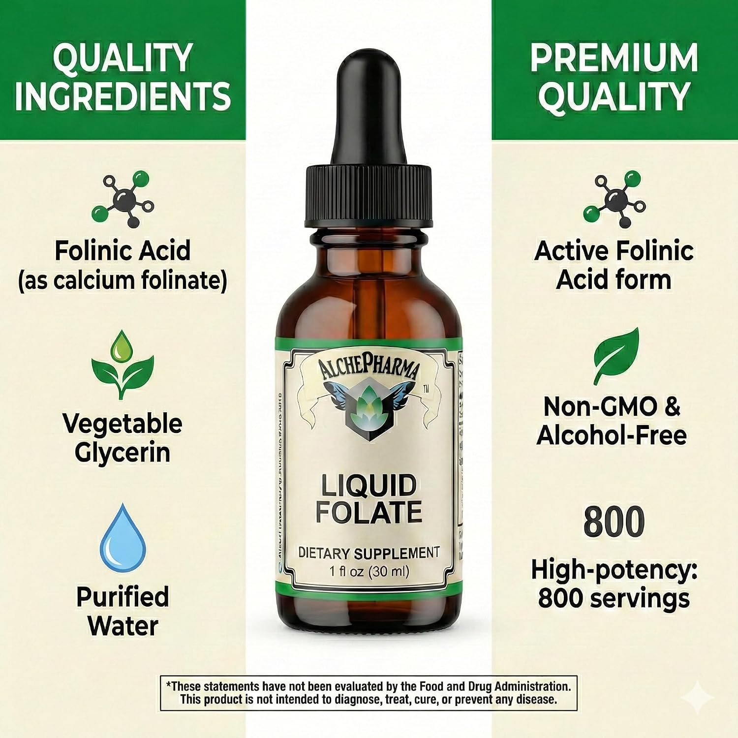 AlchePharma Folato Líquido - 667 mcg DFE (400 mcg Ácido Folínico) - 800 Dosis