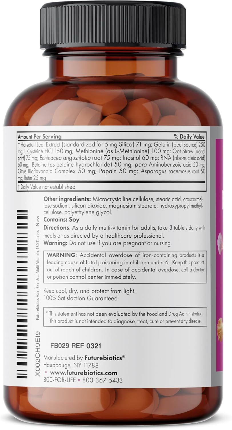 Futurebiotics Hair, Skin & Nails Multivitamínico de Belleza con Biotina - 180 Comprimidos