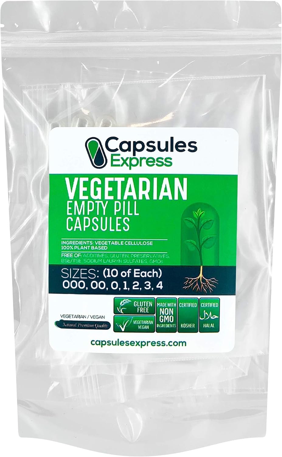 XPRS Nutra Cápsulas Vacías Transparentes Pack de Muestra - Diez de Cada Tamaño 000, 00, 0, 1, 2, 3, 4 - Cápsulas Vegetarianas Veganas para Rellenar Suplementos DIY