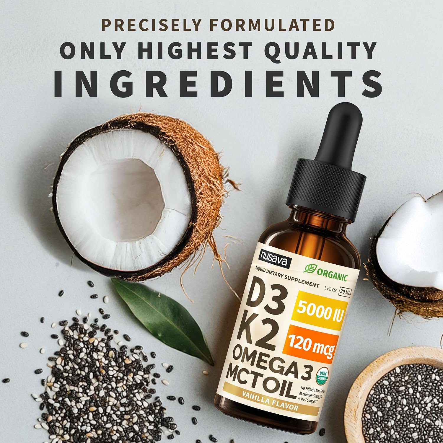NUSAVA Gotas de Vitamina D3 y K2 con MCT Oil y Omega 3 - 5000 IU D3, 120 mcg K2 - 4 unidades