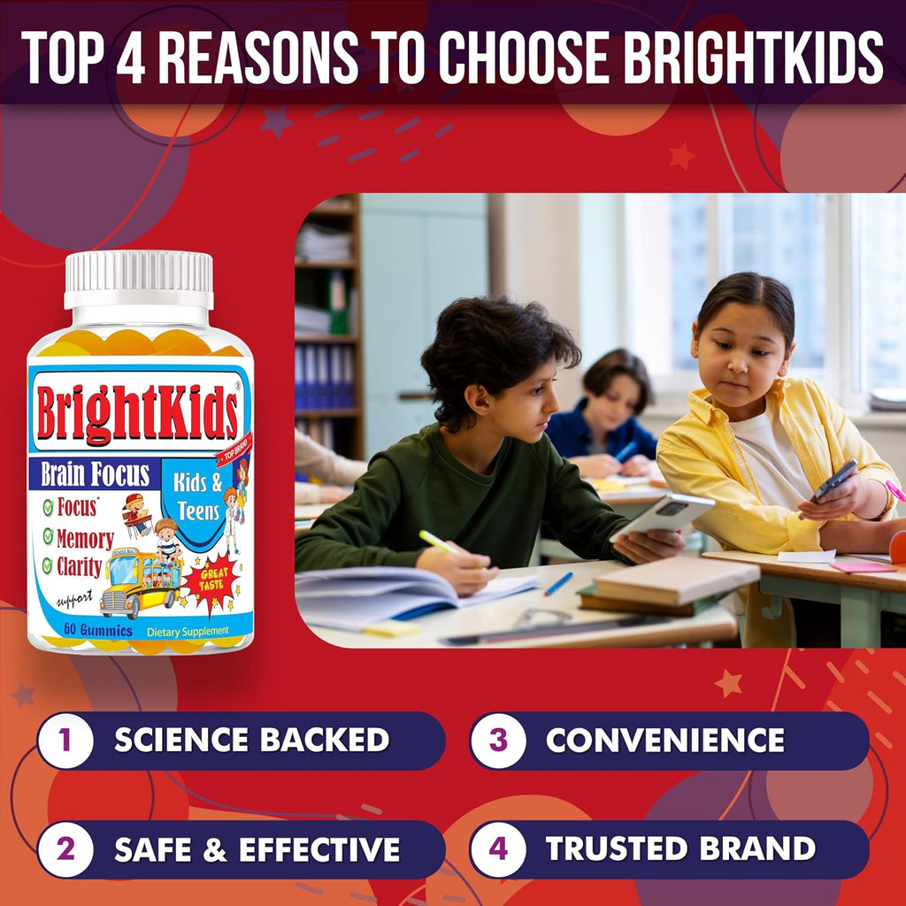 BrightKids Focus Gummies for Kids & Teens - Omega 3 DHA, Memory & Concentration
