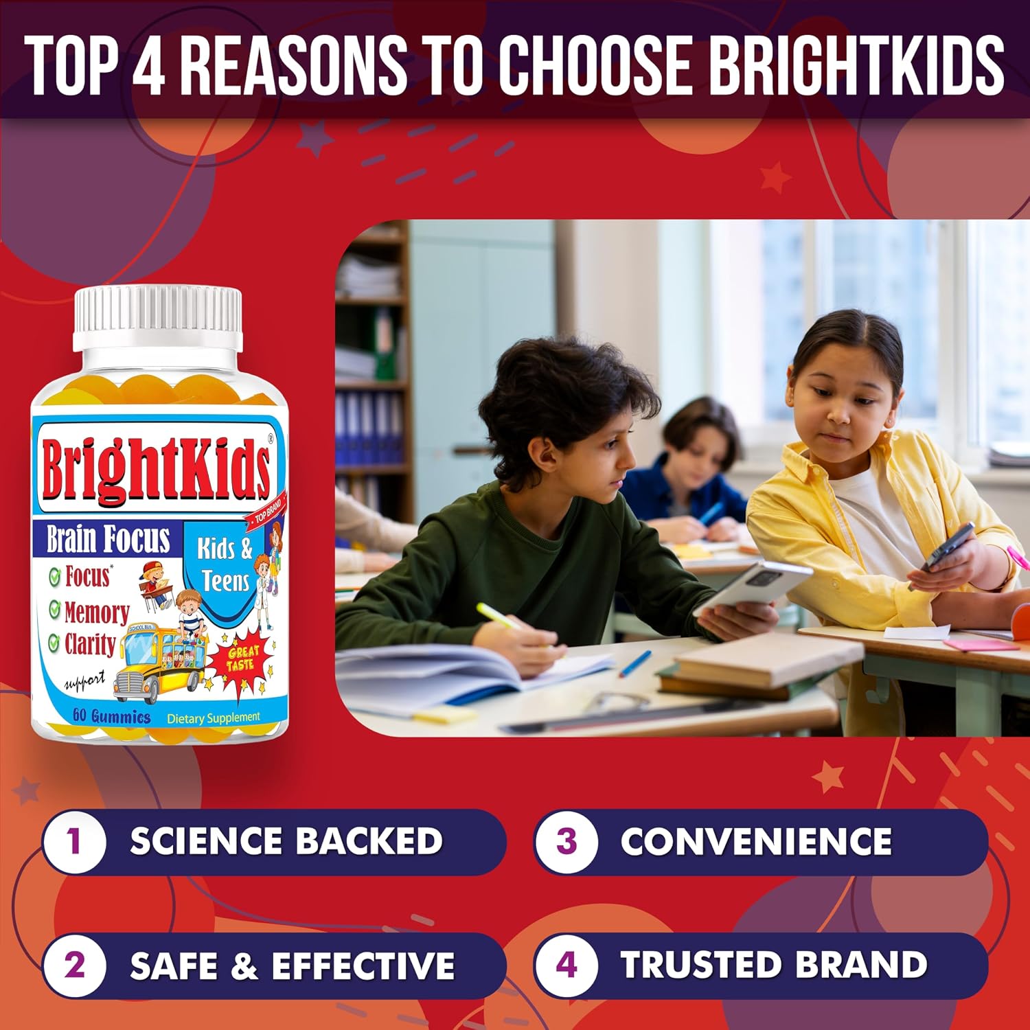 BrightKids Focus Gummies for Kids & Teens - Omega 3 DHA, Memory & Concentration