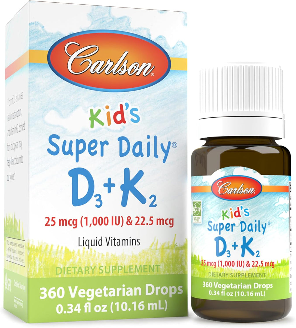Carlson - Kid's Super Daily D3+K2, Gotas de Vitamina D3 y K2 para Niños, 1000 UI D3 y 22.5 mcg K2 MK-7, 360 Gotas (1 Año de Suministro)