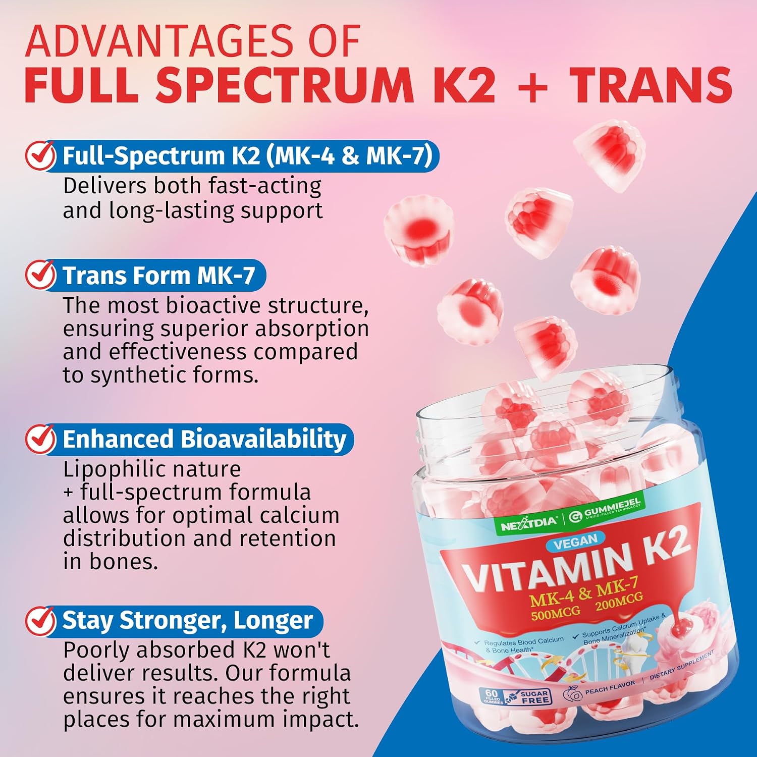 Nextdia Vitamina K2 Gominolas MK-7 200 mcg y MK-4 500 mcg - Full Spectrum Sin Azúcar - Pack de 2