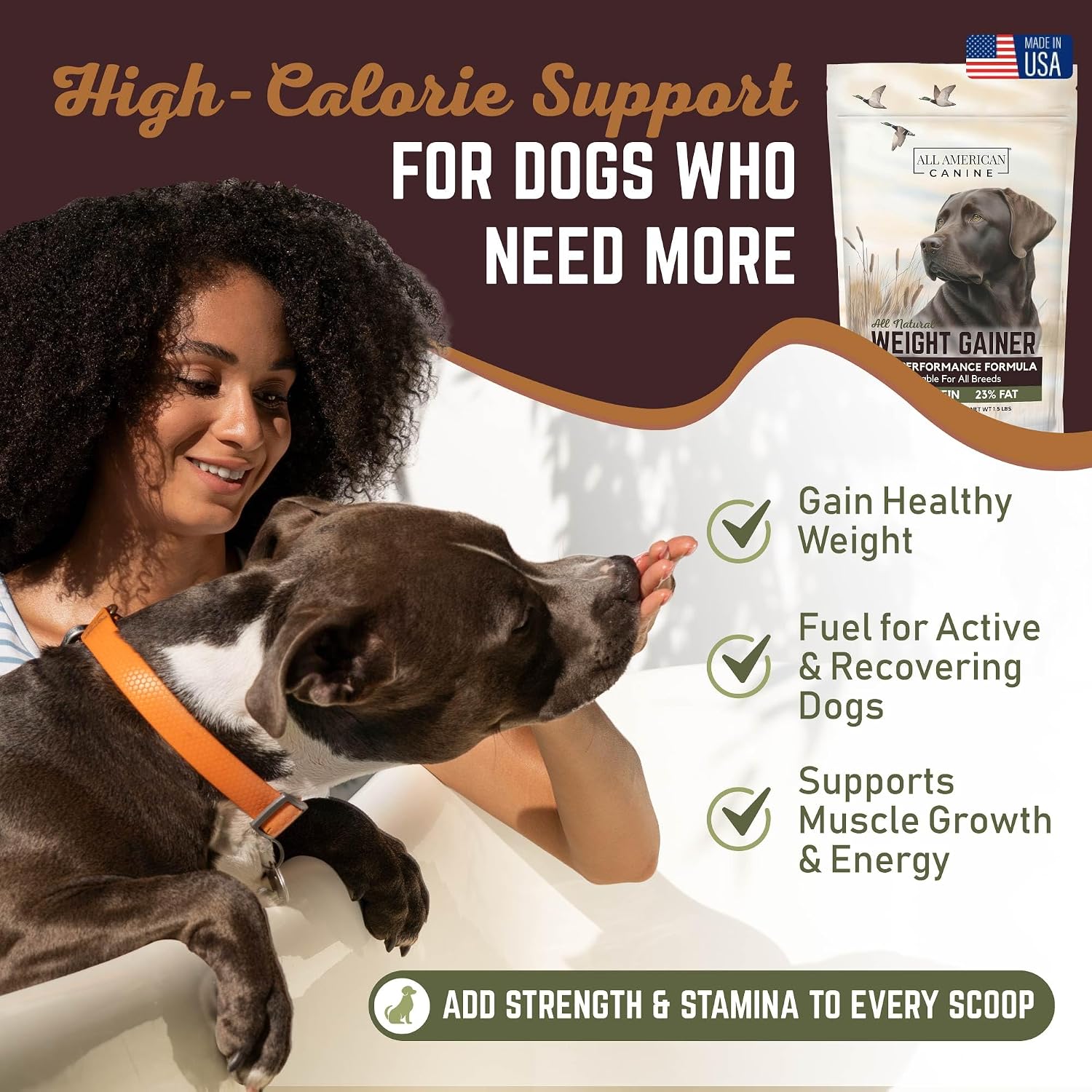 All American Canine Ganador de Peso para Perros - Suplemento de Alto Contenido Calórico y Proteína en Polvo para Aumento de Peso Rápido, Masa y Recuperación - Estimulante del Apetito - 60 Dosis