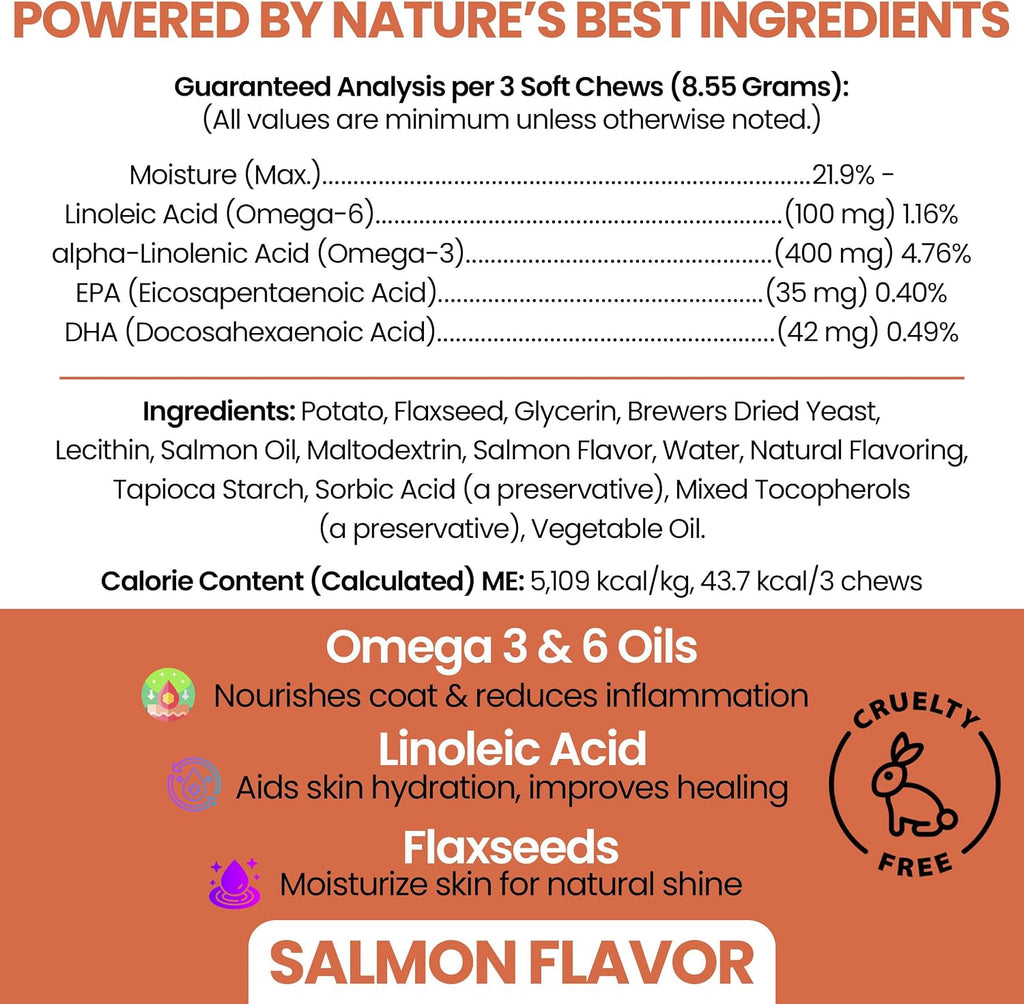 Aceite de Salmón para Perros - Golosinas Blandas Omega para Piel y Pelaje - 180 Unidades