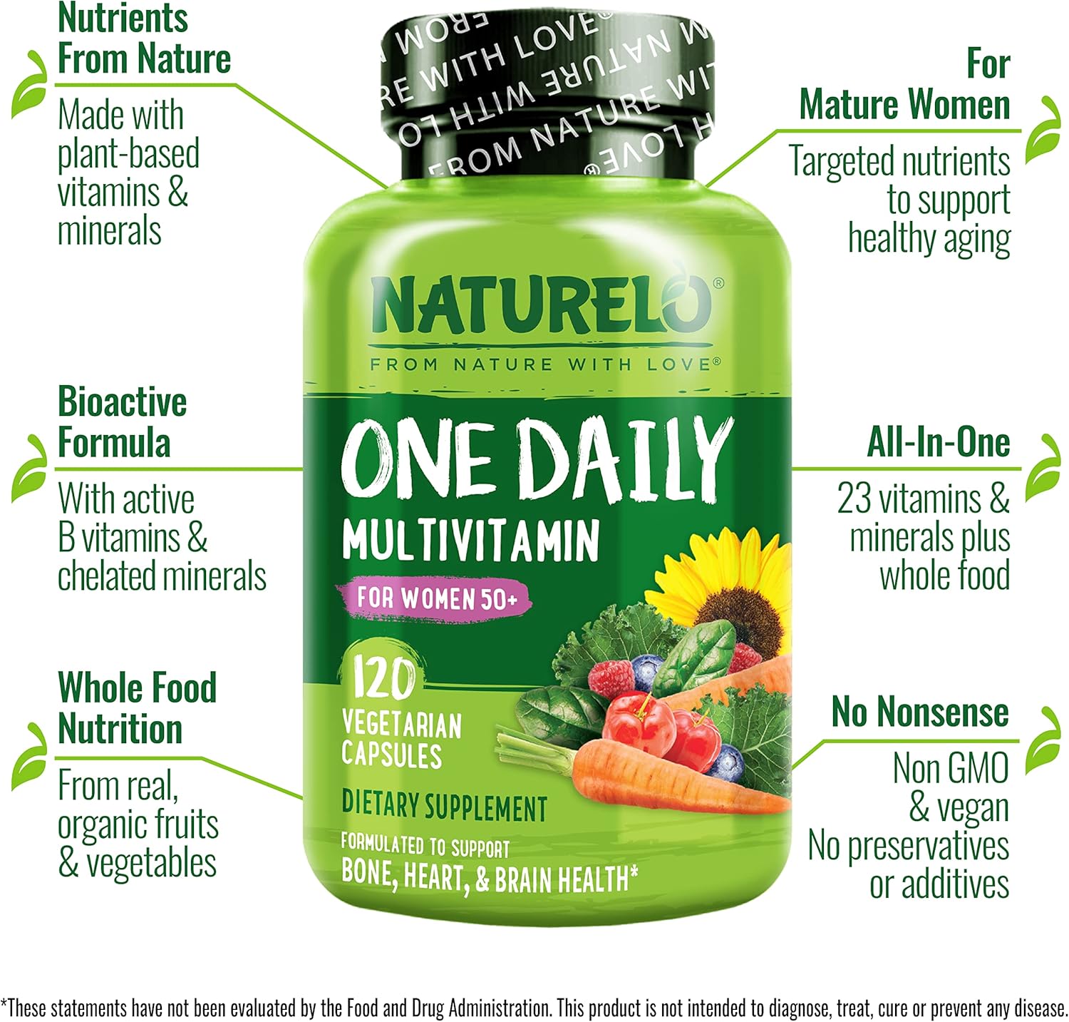 NATURELO Multivitamínico Diario para Mujeres 50+ (Sin Hierro) - Apoyo Menopausia - 120 Cápsulas
