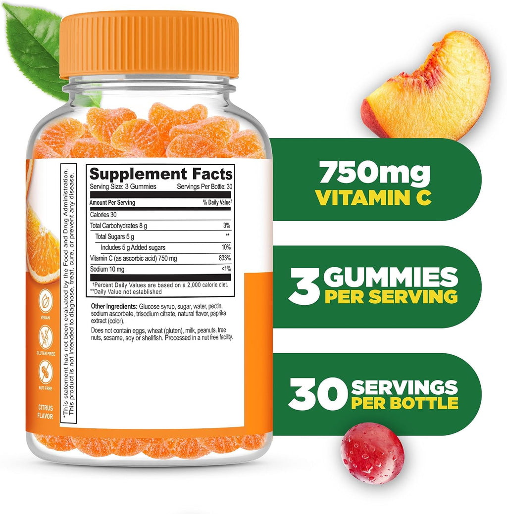 Lifeable Vitamin C Gummies para Adultos | 750 mg | Sabor Naranja | Vegano | 90 Gominolas