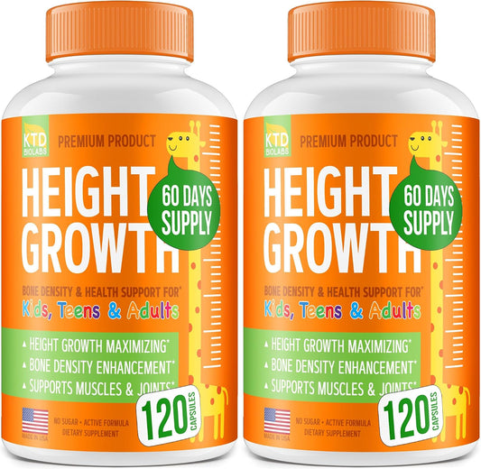KTD BIOLABS Cápsulas de Crecimiento en Altura para Niños (2 Pack) – Fórmula Extendida con Calcio, Vitamina D3 y Zinc – 240 Cápsulas
