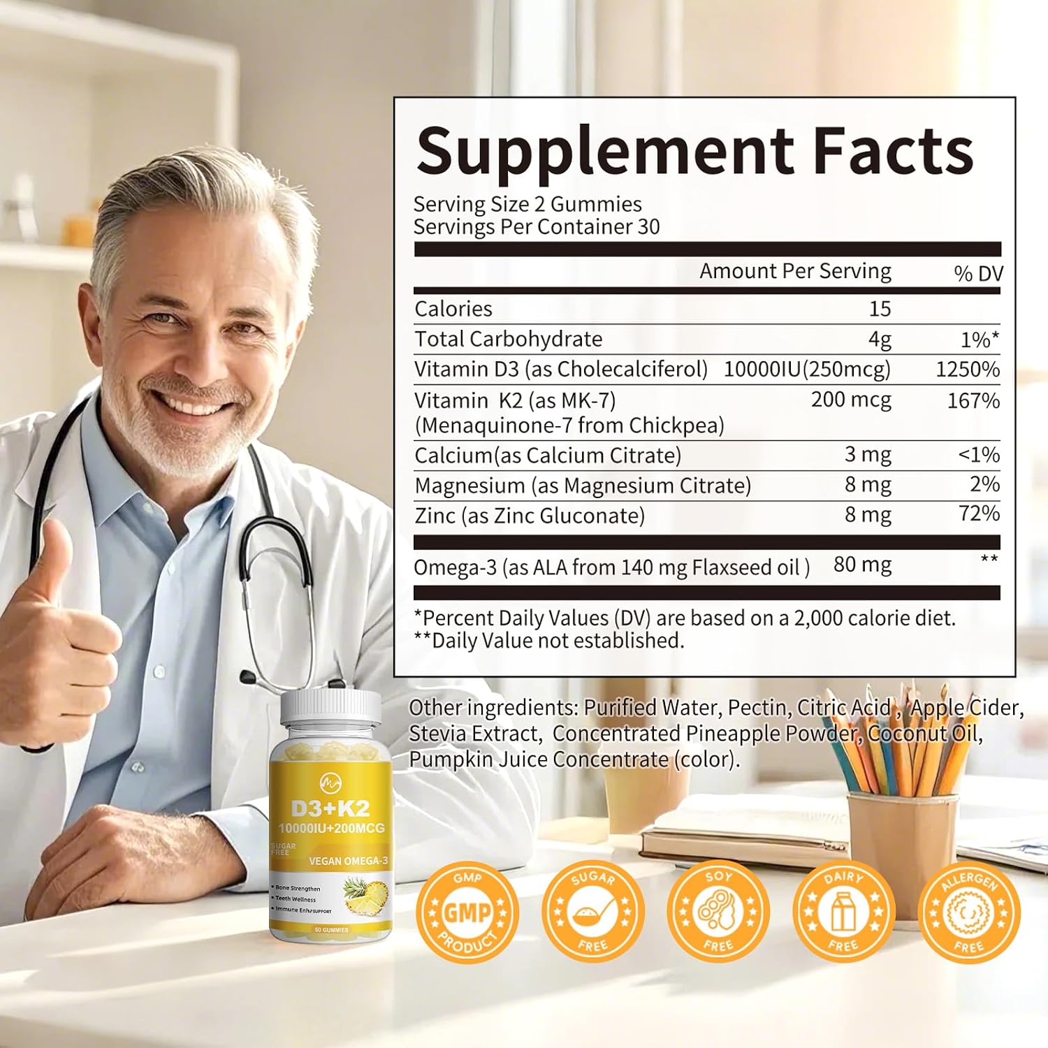 M inch Vitamin D3 K2 Gummies, Vitamina D3 10000IU, K2 (MK-7) 200mcg, Complemento 6 en 1 con Omega-3, Sin Azúcar, Pack de 2