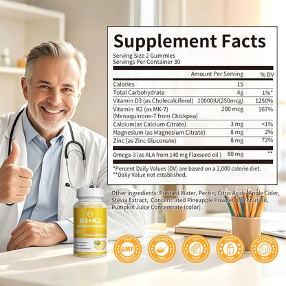 M inch Vitamin D3 K2 Gummies, Vitamina D3 10000IU, K2 (MK-7) 200mcg, Complemento 6 en 1 con Omega-3, Sin Azúcar, Pack de 2 – Image 2