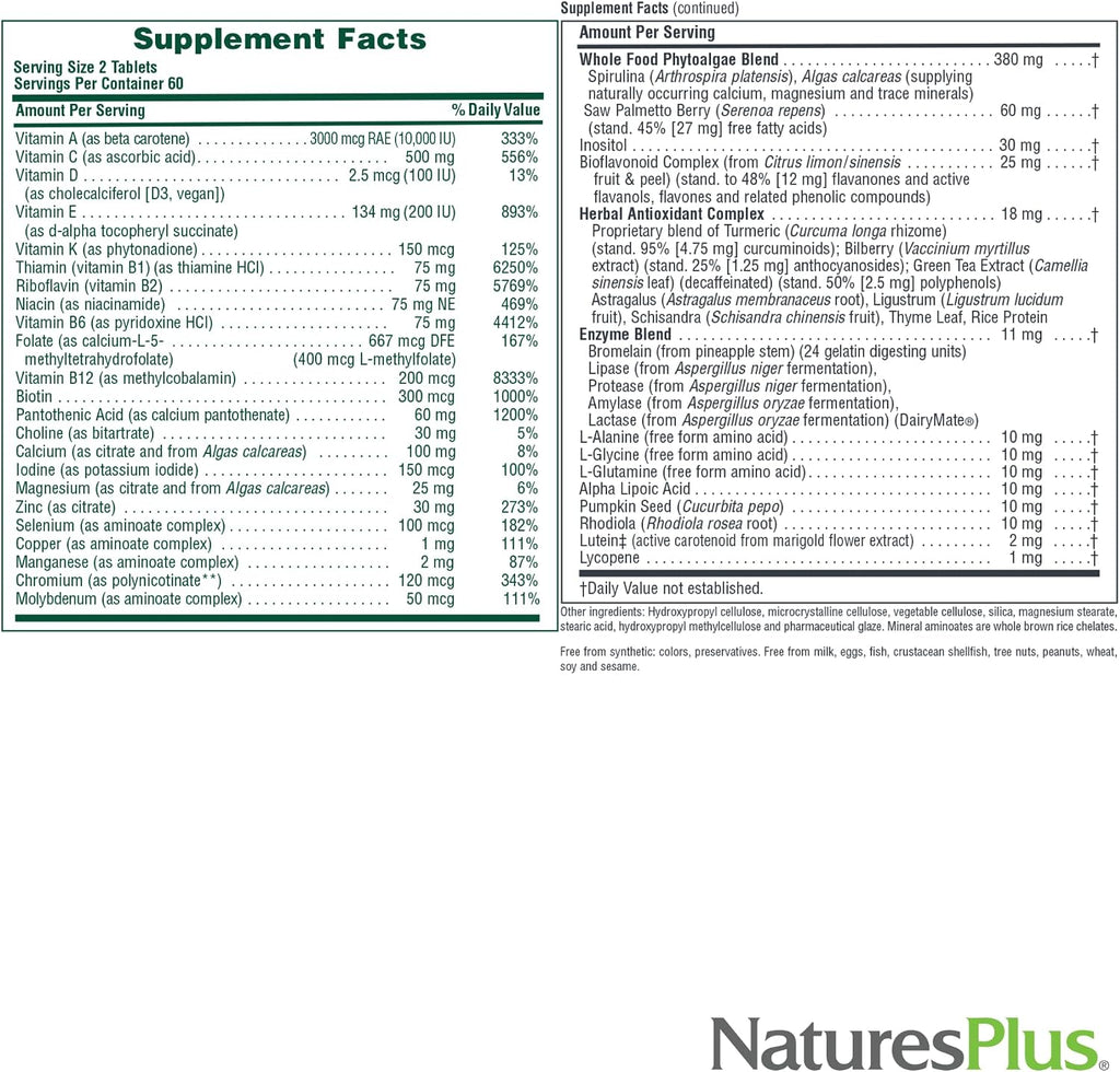 NaturesPlus Source of Life Men - 120 Comprimidos, Pack de 2 - Multivitamínico y Mineral sin Hierro con Saw Palmetto, Licopeno y Rhodiola - Sin Gluten, Vegetariano