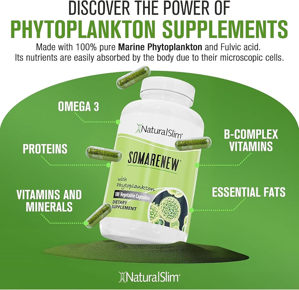 NaturalSlim Somarenew - Potenciador del Metabolismo y Limpieza Corporal con Fitoplancton Marino y Ácido Fúlvico Negro - 180 Cápsulas Vegetales